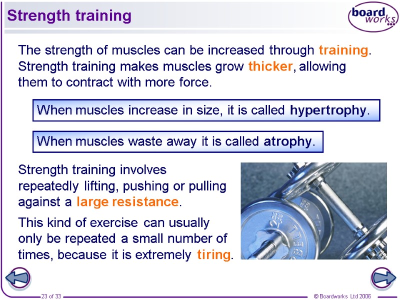 Strength training The strength of muscles can be increased through training. Strength training makes